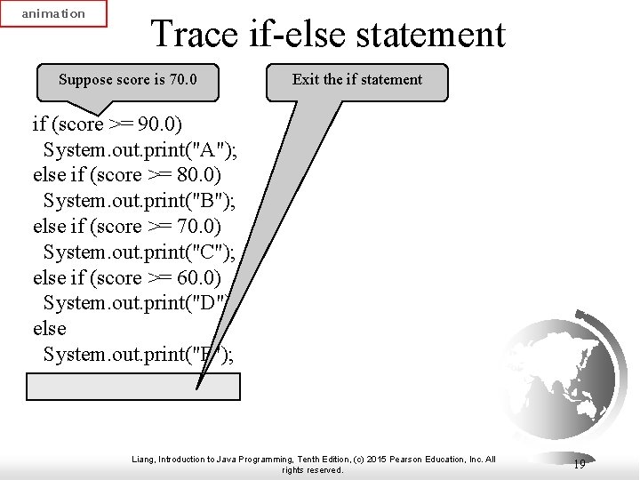 animation Trace if-else statement Suppose score is 70. 0 Exit the if statement if animation Trace if-else statement Suppose score is 70. 0 Exit the if statement if