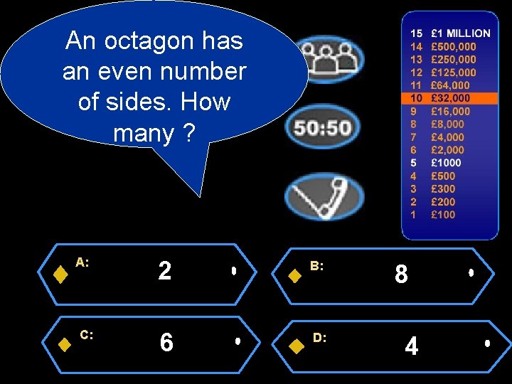 An octagon has an even number of sides. How many ? A: C: 2