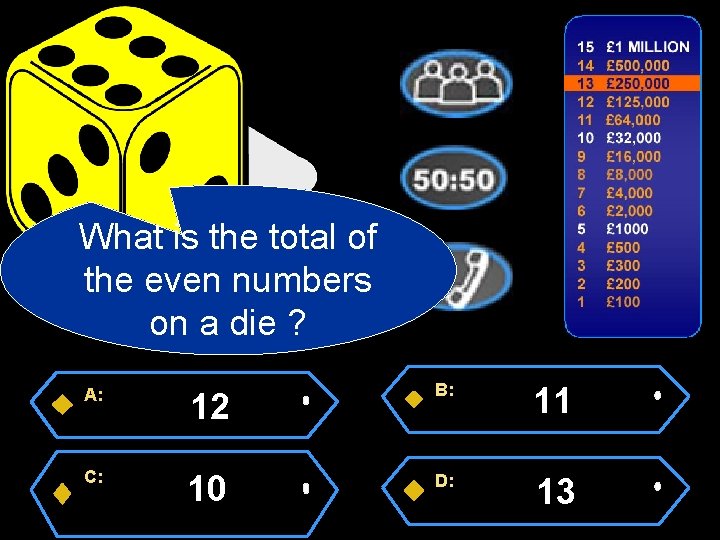 What is the total of the even numbers on a die ? A: C: