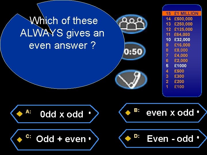 Which of these ALWAYS gives an even answer ? A: C: 0 dd x