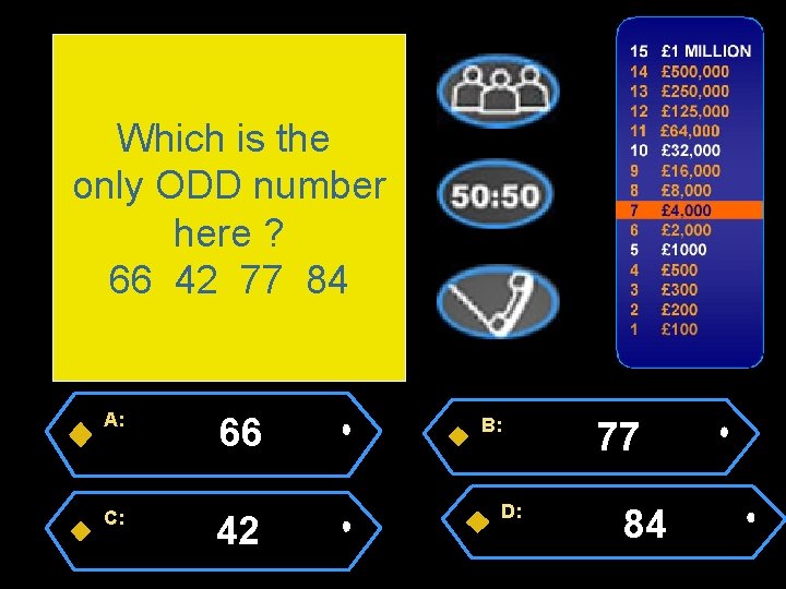 Which is the only ODD number here ? 66 42 77 84 A: C: