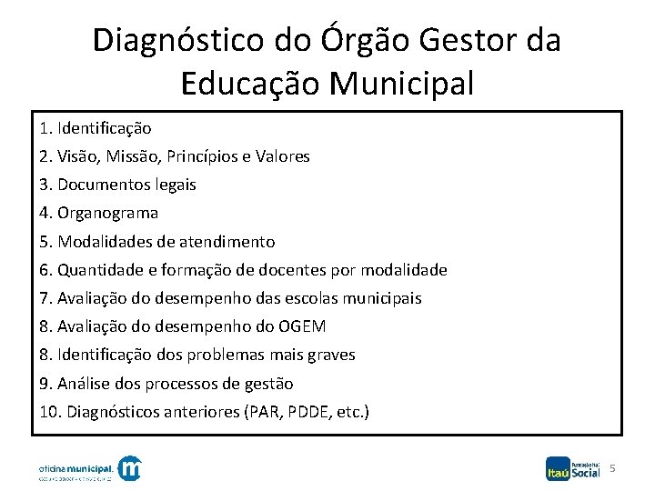 Diagnóstico do Órgão Gestor da Educação Municipal 1. Identificação 2. Visão, Missão, Princípios e