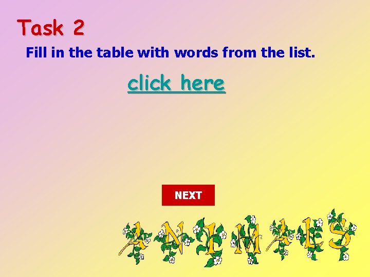 Task 2 Fill in the table with words from the list. click here NEXT