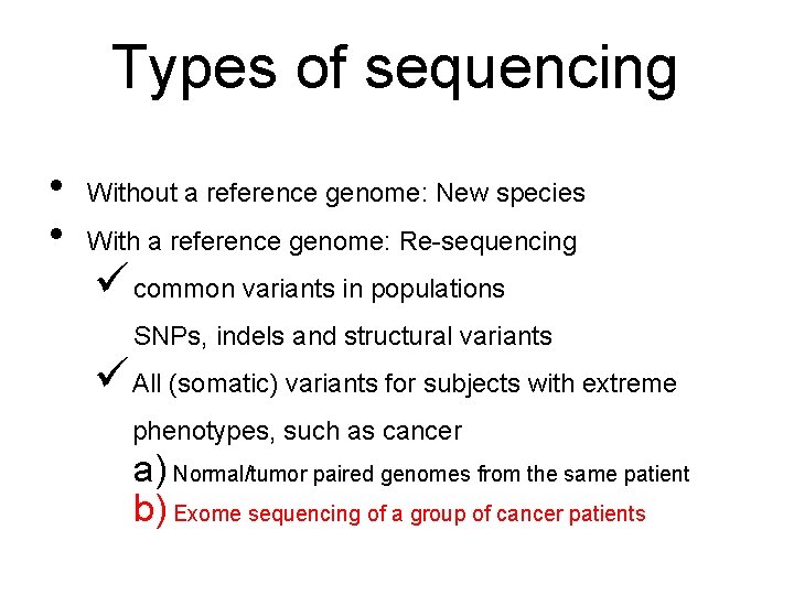 Types of sequencing • • Without a reference genome: New species With a reference