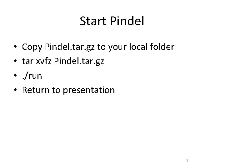 Start Pindel • • Copy Pindel. tar. gz to your local folder tar xvfz