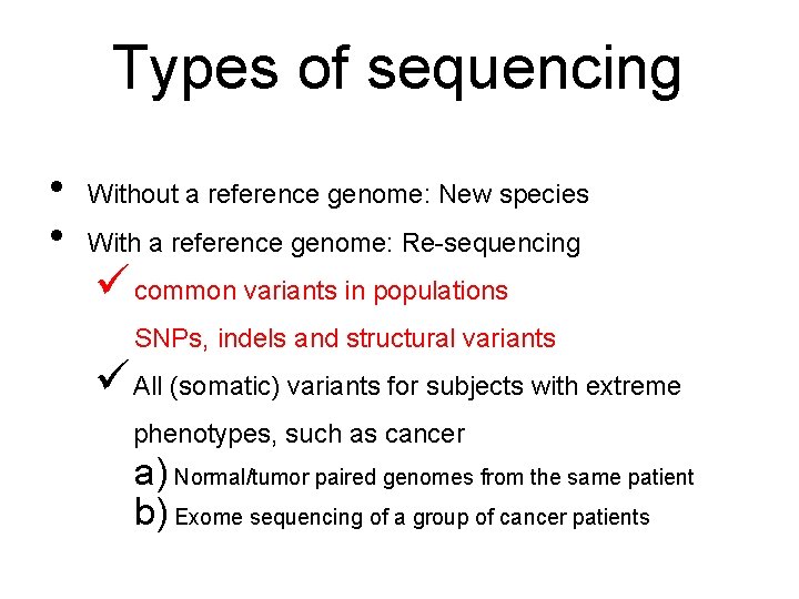 Types of sequencing • • Without a reference genome: New species With a reference