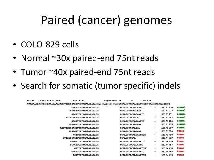 Paired (cancer) genomes • • COLO-829 cells Normal ~30 x paired-end 75 nt reads