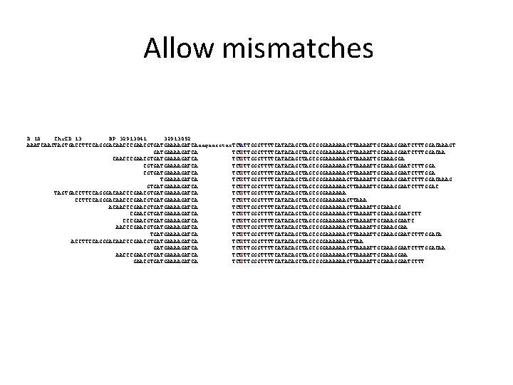 Allow mismatches D 10 Chr. ID 13 BP 32913041 32913052 AAATCAACTAGTGACCTTCCAGGGACAACCCGAACGTGATGAAAAGATCAaagaacctac. TCTATTGGGTTTTCATACAGCTAGCGGGAAAAAAGTTAAAATTGCAAAGGAATCTTTGGACAAAGT GATGAAAAGATCA TCTGTTGGGTTTTCATACAGCTAGCGGGAAAAAAGTTAAAATTGCAAAGGAATCTTTGGACAA
