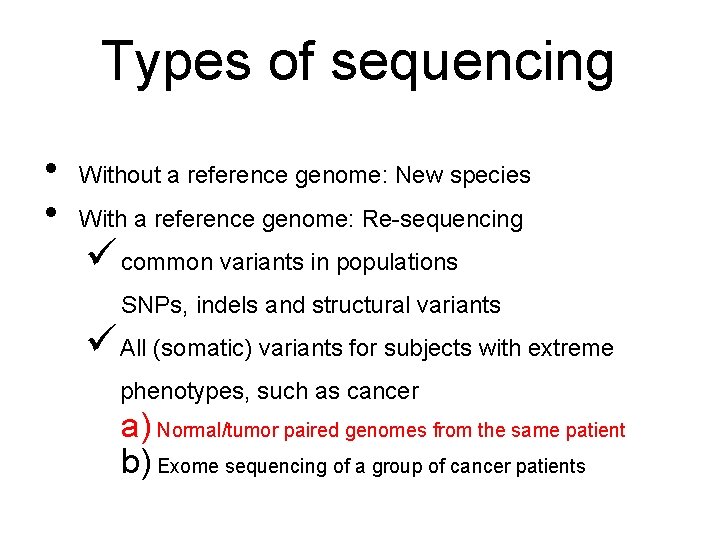 Types of sequencing • • Without a reference genome: New species With a reference