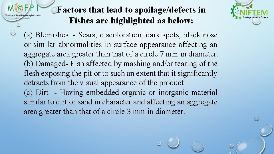Factors that lead to spoilage/defects in Fishes are highlighted as below: (a) Blemishes -
