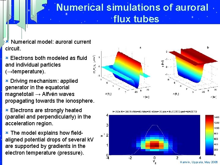 Numerical simulations of auroral flux tubes û Numerical model: auroral current circuit. û Electrons