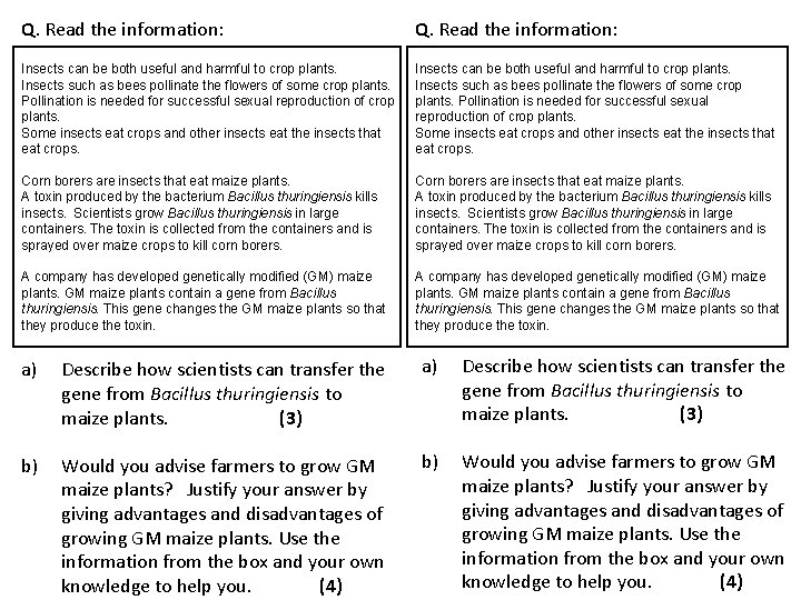 Q. Read the information: Insects can be both useful and harmful to crop plants.