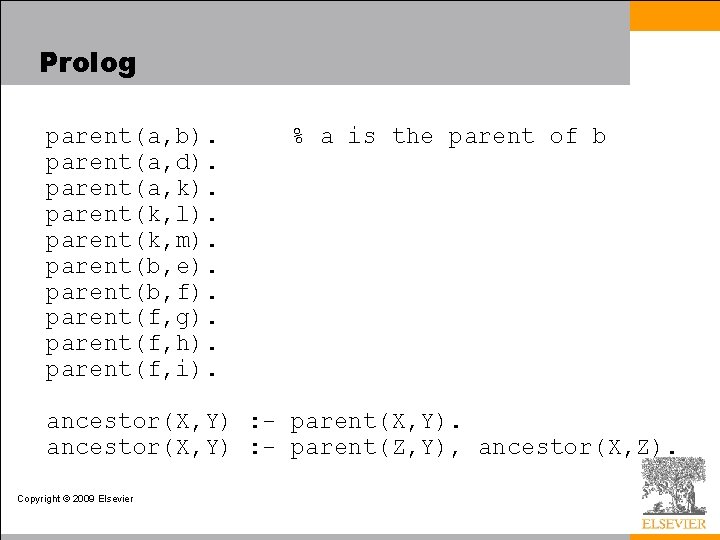 Prolog parent(a, b). parent(a, d). parent(a, k). parent(k, l). parent(k, m). parent(b, e). parent(b,