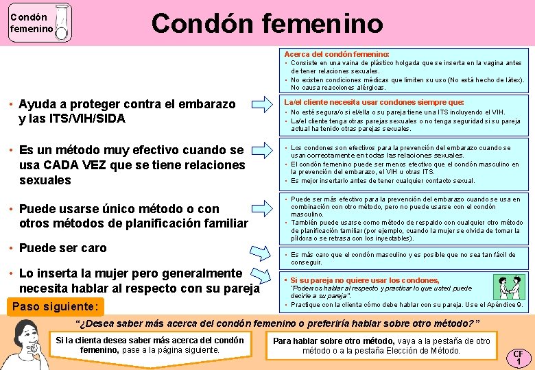 Condón femenino Acerca del condón femenino: • Consiste en una vaina de plástico holgada