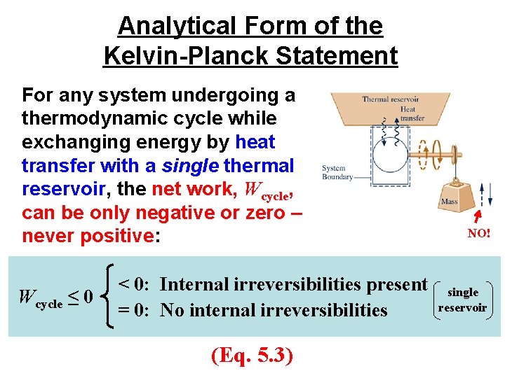 Analytical Form of the Kelvin-Planck Statement For any system undergoing a thermodynamic cycle while Analytical Form of the Kelvin-Planck Statement For any system undergoing a thermodynamic cycle while