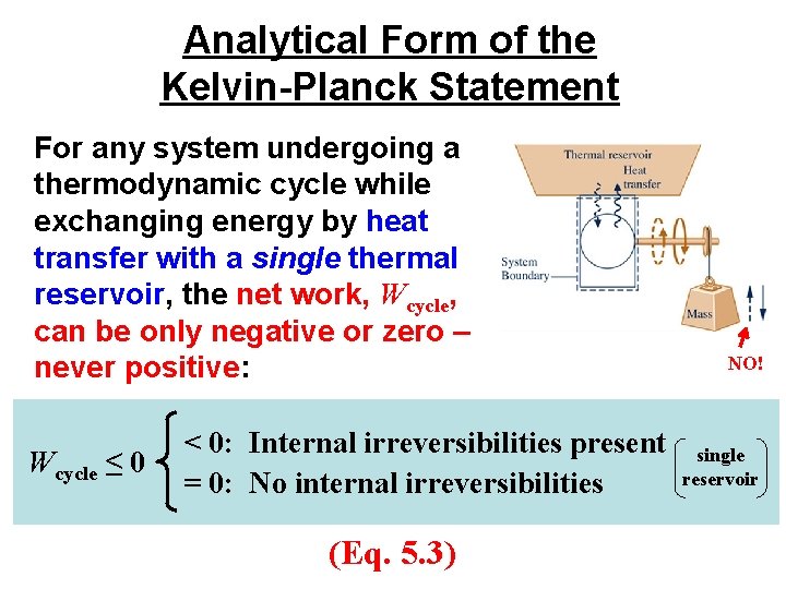 Analytical Form of the Kelvin-Planck Statement For any system undergoing a thermodynamic cycle while