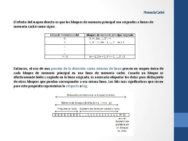 Memoria Caché El efecto del mapeo directo es que los bloques de memoria principal