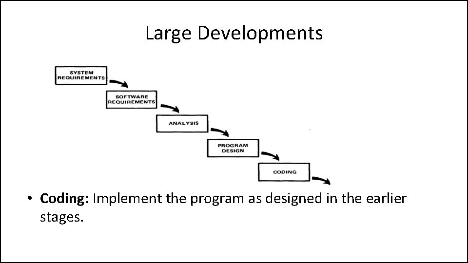 Large Developments • Coding: Implement the program as designed in the earlier stages. 