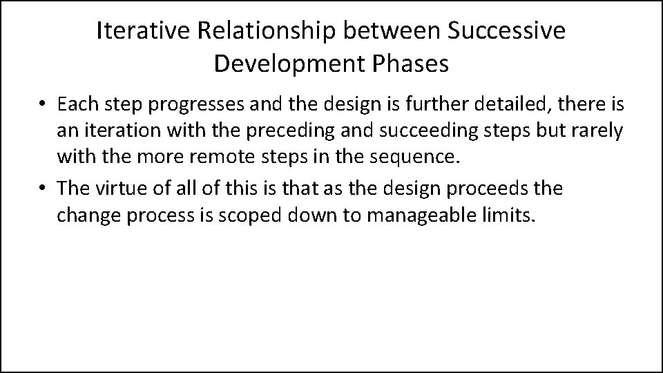 Iterative Relationship between Successive Development Phases • Each step progresses and the design is