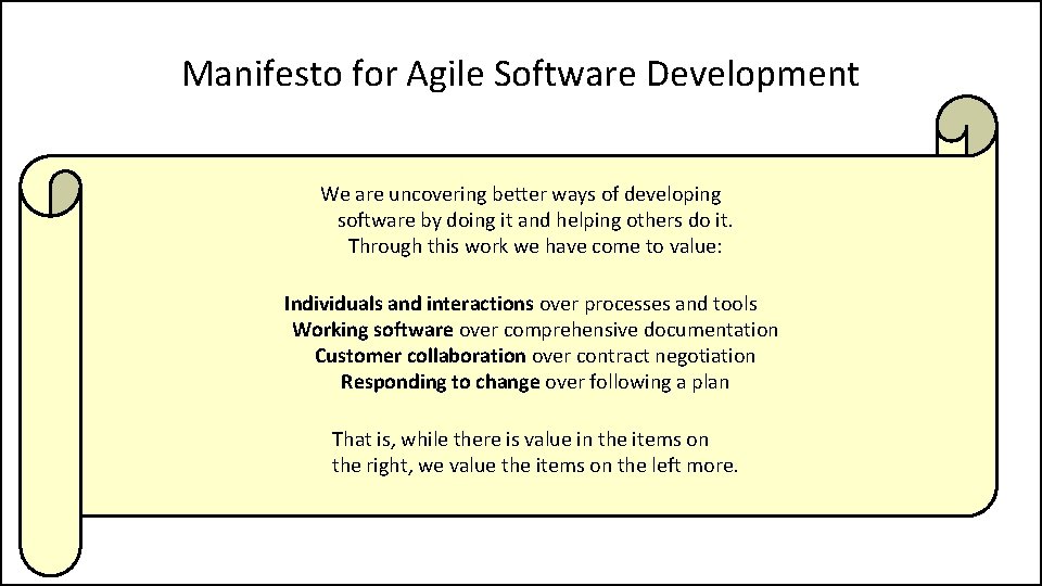 Manifesto for Agile Software Development We are uncovering better ways of developing software by