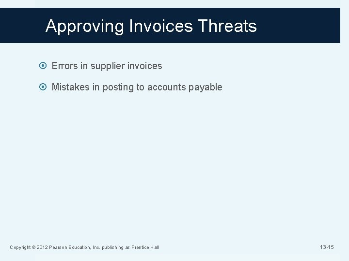 Approving Invoices Threats Errors in supplier invoices Mistakes in posting to accounts payable Copyright