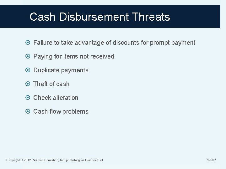 Cash Disbursement Threats Failure to take advantage of discounts for prompt payment Paying for