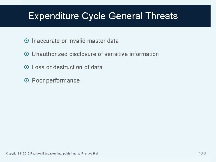 Expenditure Cycle General Threats Inaccurate or invalid master data Unauthorized disclosure of sensitive information