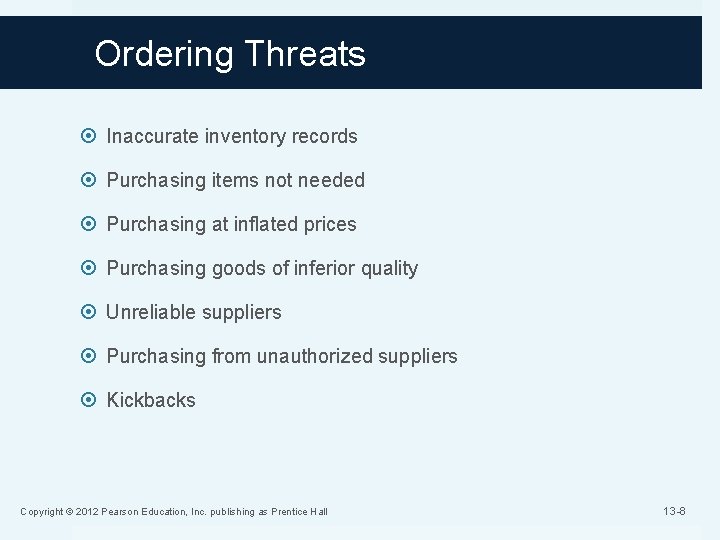 Ordering Threats Inaccurate inventory records Purchasing items not needed Purchasing at inflated prices Purchasing