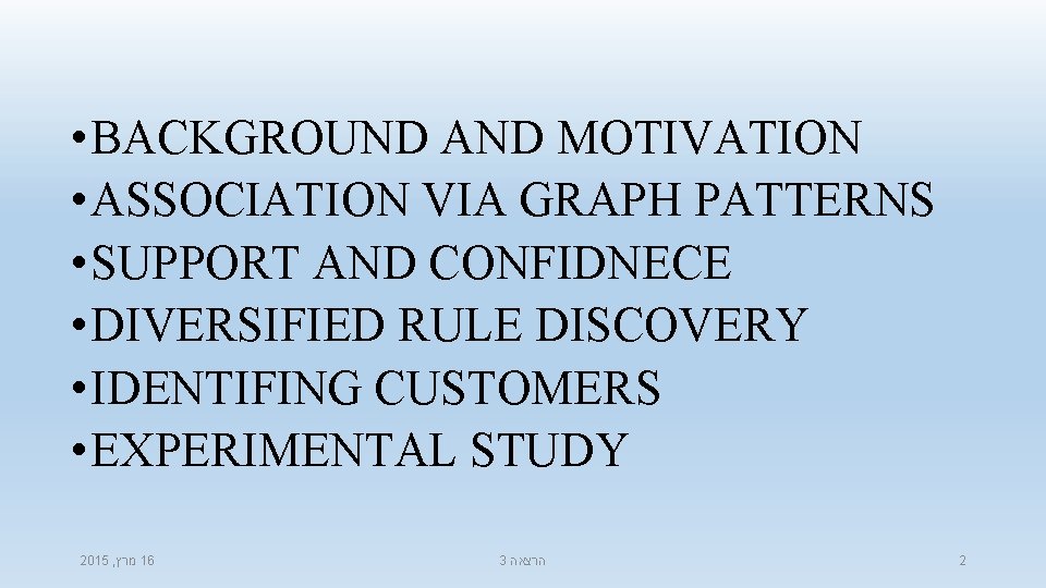  • BACKGROUND AND MOTIVATION • ASSOCIATION VIA GRAPH PATTERNS • SUPPORT AND CONFIDNECE