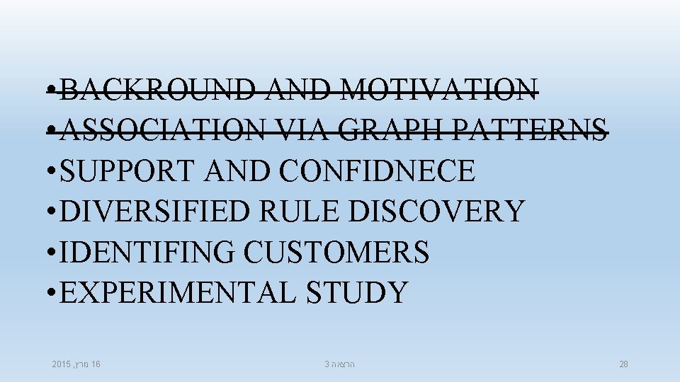  • BACKROUND AND MOTIVATION • ASSOCIATION VIA GRAPH PATTERNS • SUPPORT AND CONFIDNECE