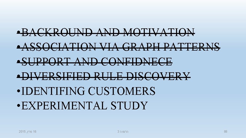  • BACKROUND AND MOTIVATION • ASSOCIATION VIA GRAPH PATTERNS • SUPPORT AND CONFIDNECE