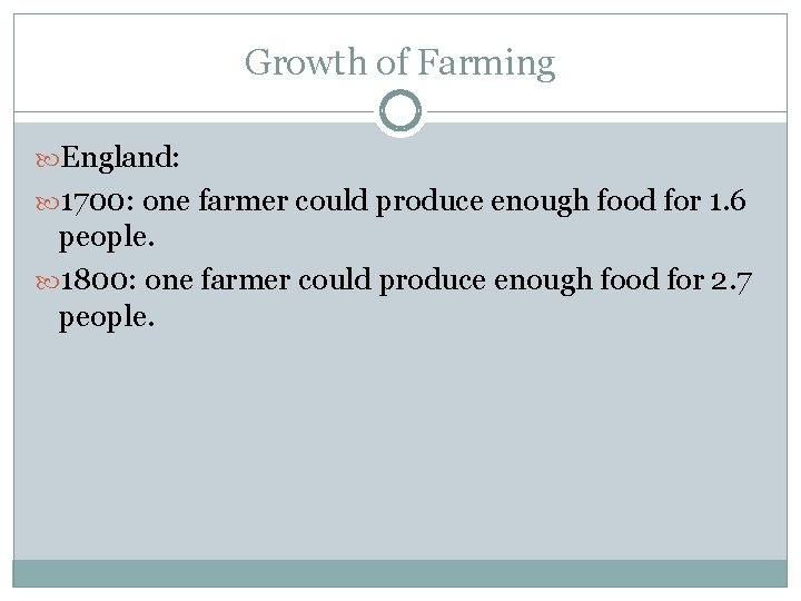 Growth of Farming England: 1700: one farmer could produce enough food for 1. 6