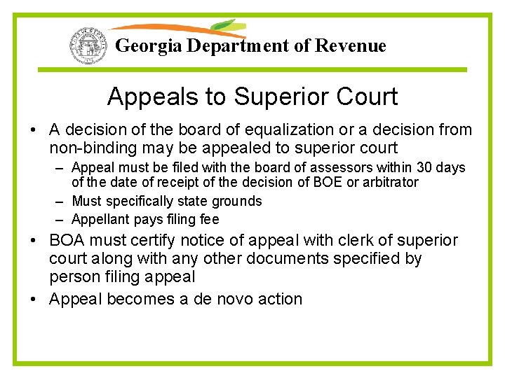 Georgia Department of Revenue Appeals to Superior Court • A decision of the board