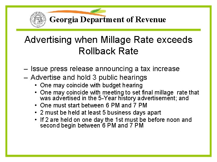 Georgia Department of Revenue Advertising when Millage Rate exceeds Rollback Rate – Issue press