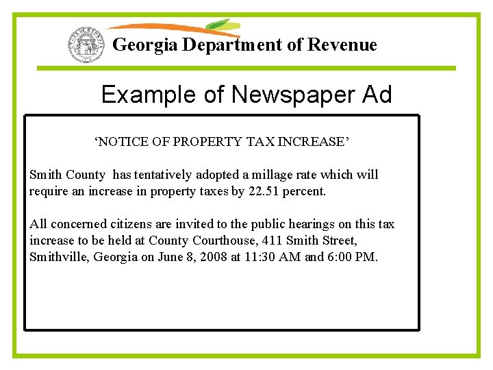 Georgia Department of Revenue Example of Newspaper Ad ‘NOTICE OF PROPERTY TAX INCREASE’ Smith