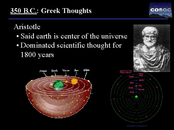 350 B. C. : Greek Thoughts Aristotle • Said earth is center of the