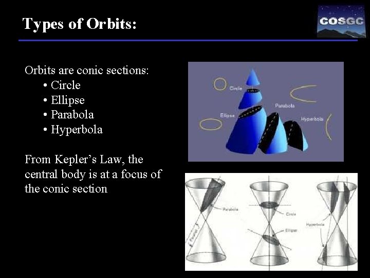 Types of Orbits: Orbits are conic sections: • Circle • Ellipse • Parabola •