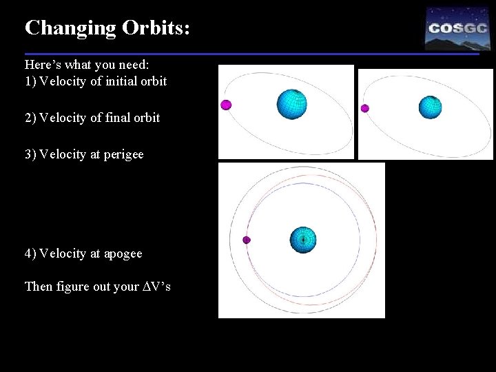 Changing Orbits: Here’s what you need: 1) Velocity of initial orbit 2) Velocity of