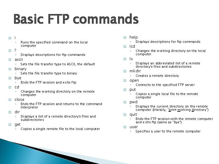 Basic FTP commands � ! ◦ � ? ◦ � � � Displays descriptions