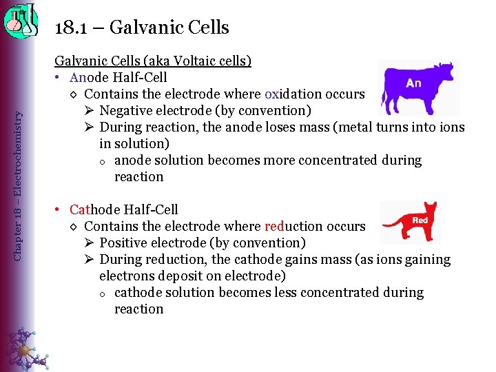 Chapter 18 – Electrochemistry 18. 1 – Galvanic Cells (aka Voltaic cells) • Anode