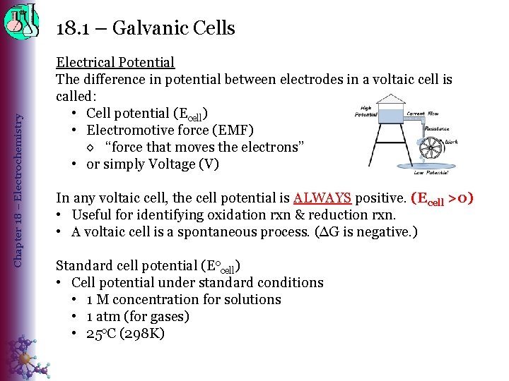 Chapter 18 – Electrochemistry 18. 1 – Galvanic Cells Electrical Potential The difference in