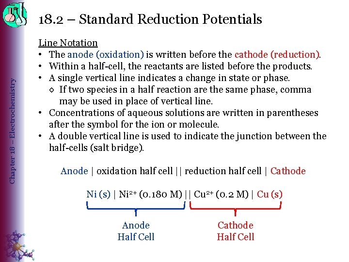 Chapter 18 – Electrochemistry 18. 2 – Standard Reduction Potentials Line Notation • The