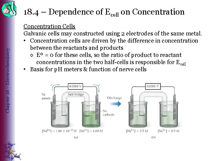 Chapter 18 – Electrochemistry 18. 4 – Dependence of Ecell on Concentration Cells Galvanic