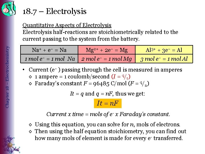 18. 7 – Electrolysis Chapter 18 – Electrochemistry Quantitative Aspects of Electrolysis half-reactions are