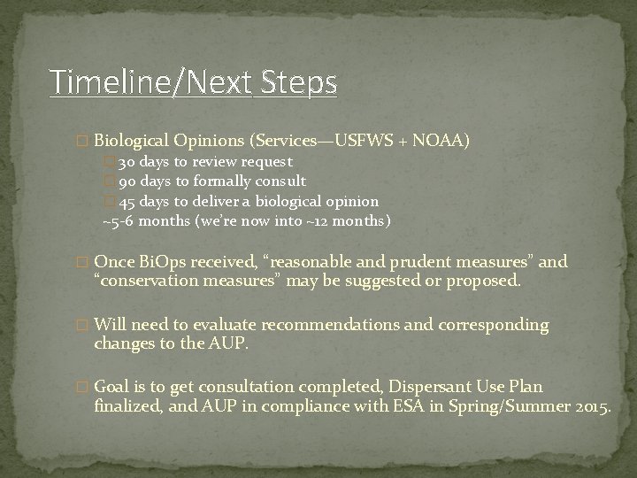Timeline/Next Steps � Biological Opinions (Services—USFWS + NOAA) � 30 days to review request