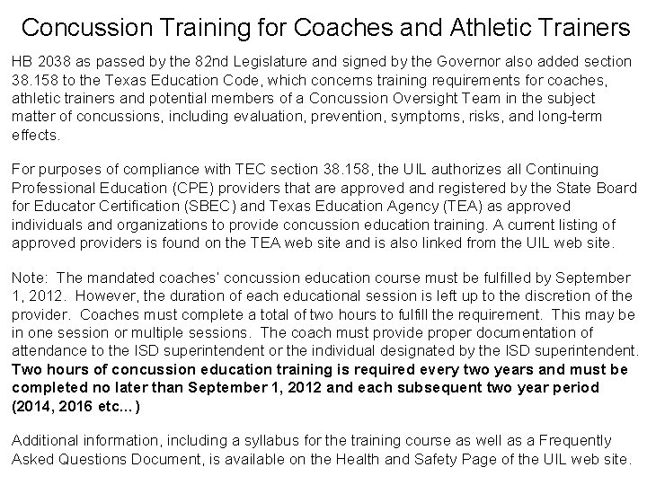 Concussion Training for Coaches and Athletic Trainers HB 2038 as passed by the 82