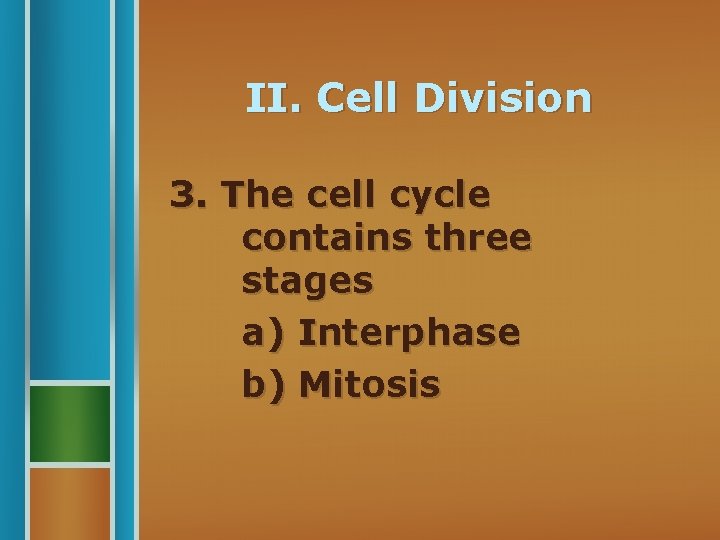 II. Cell Division 3. The cell cycle contains three stages a) Interphase b) Mitosis