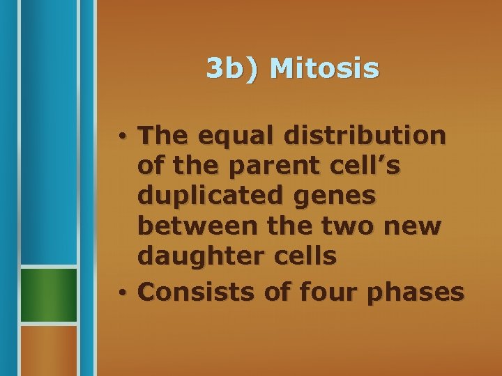 3 b) Mitosis • The equal distribution of the parent cell’s duplicated genes between