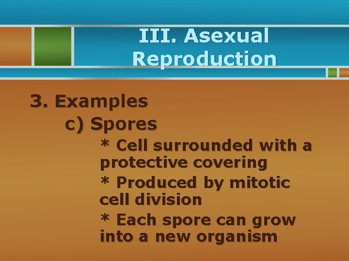 III. Asexual Reproduction 3. Examples c) Spores * Cell surrounded with a protective covering