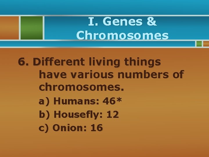 I. Genes & Chromosomes 6. Different living things have various numbers of chromosomes. a)